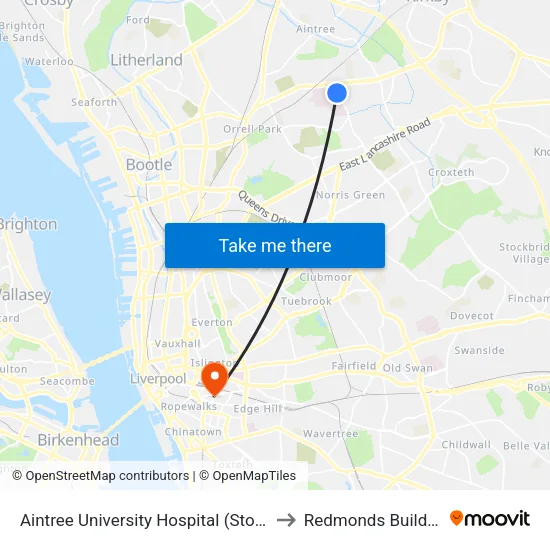 Aintree University Hospital to Redmonds Building map