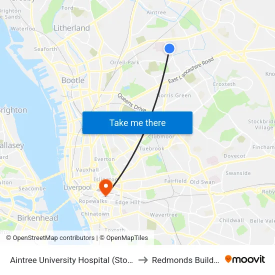 Aintree University Hospital to Redmonds Building map