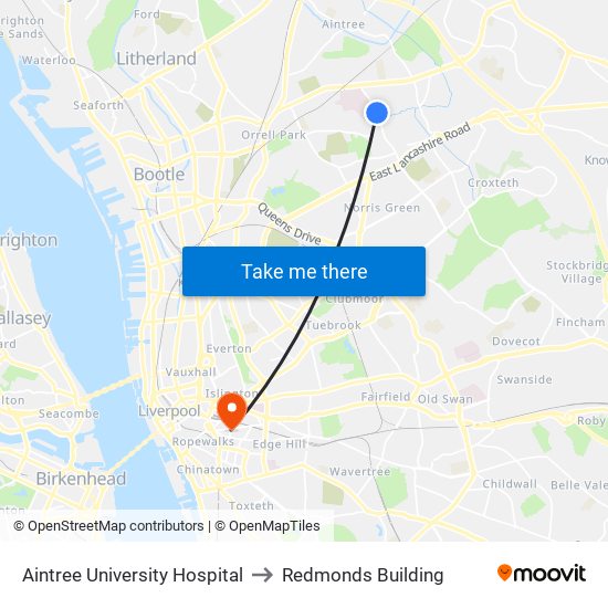 Aintree University Hospital to Redmonds Building map