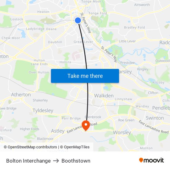 Bolton Interchange to Boothstown map