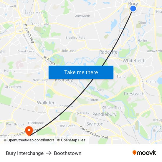 Bury Interchange to Boothstown map