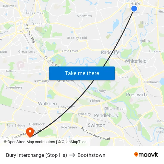 Bury Interchange (Stop Hs) to Boothstown map