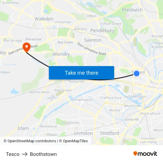 Tesco to Boothstown map