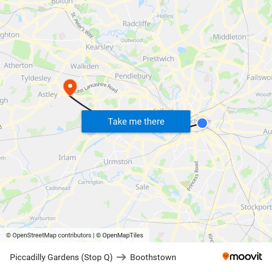 Piccadilly Gardens (Stop Q) to Boothstown map