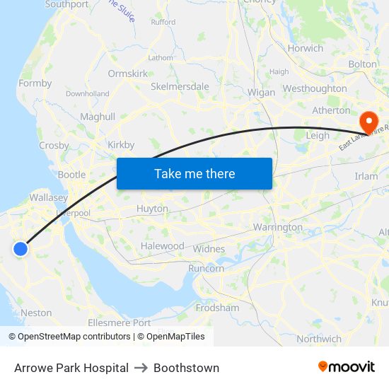 Arrowe Park Hospital to Boothstown map