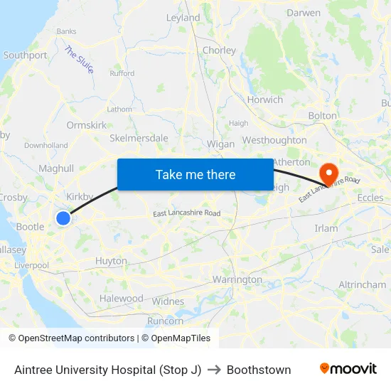 Aintree University Hospital to Boothstown map