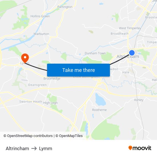 Altrincham to Lymm map