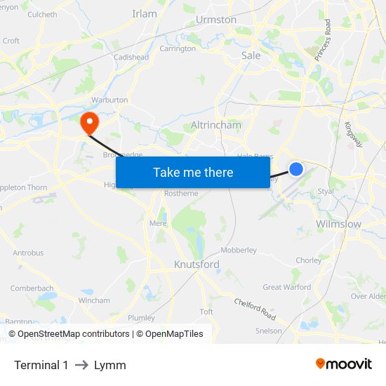 Terminal 1 to Lymm map