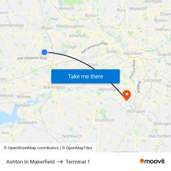 Ashton In Makerfield to Terminal 1 map