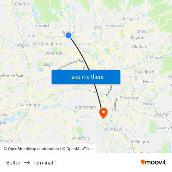 Bolton to Terminal 1 map