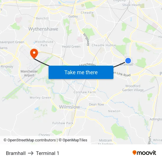 Bramhall to Terminal 1 map