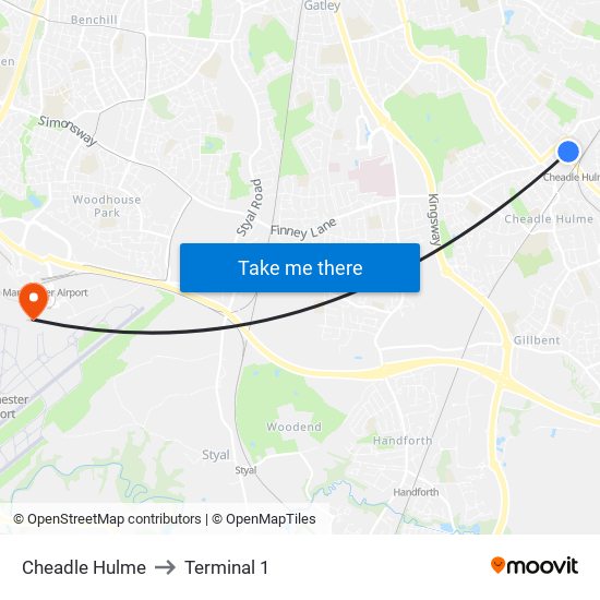 Cheadle Hulme to Terminal 1 map