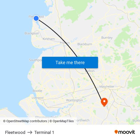 Fleetwood to Terminal 1 map