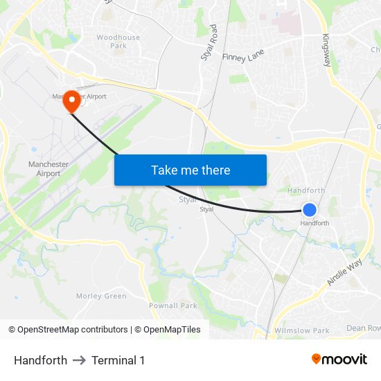 Handforth to Terminal 1 map