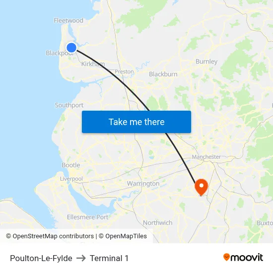 Poulton-Le-Fylde to Terminal 1 map