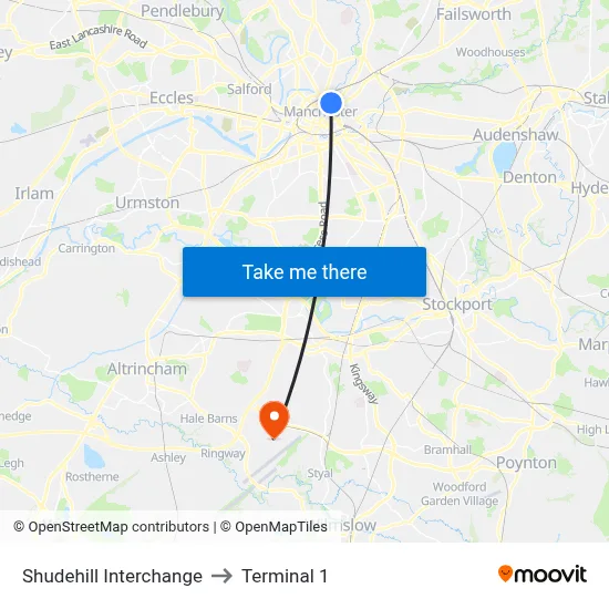 Shudehill Interchange to Terminal 1 map