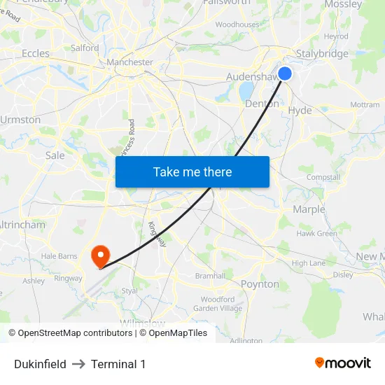 Dukinfield to Terminal 1 map