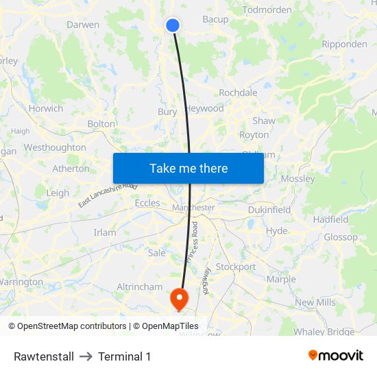 Rawtenstall to Terminal 1 map