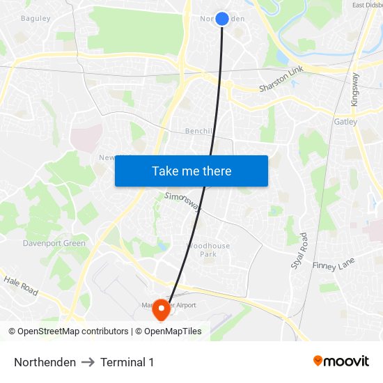 Northenden to Terminal 1 map