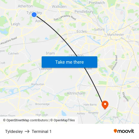 Tyldesley to Terminal 1 map