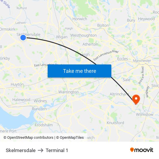 Skelmersdale to Terminal 1 map