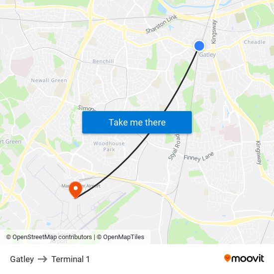 Gatley to Terminal 1 map