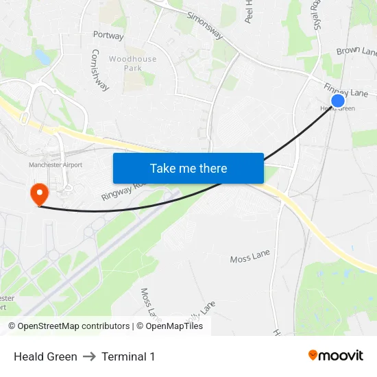 Heald Green to Terminal 1 map