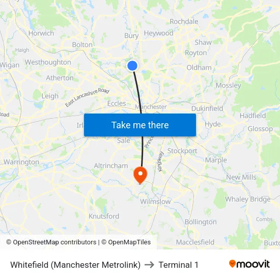 Whitefield (Manchester Metrolink) to Terminal 1 map