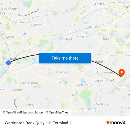 Warrington Bank Quay to Terminal 1 map