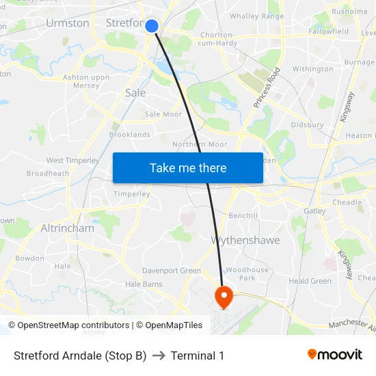 Stretford Mall to Terminal 1 map