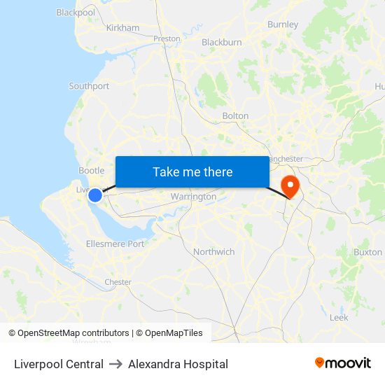 Liverpool Central to Alexandra Hospital map