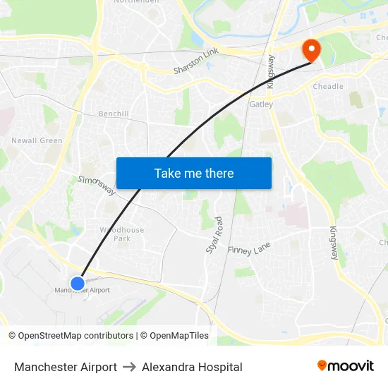 Manchester Airport to Alexandra Hospital map