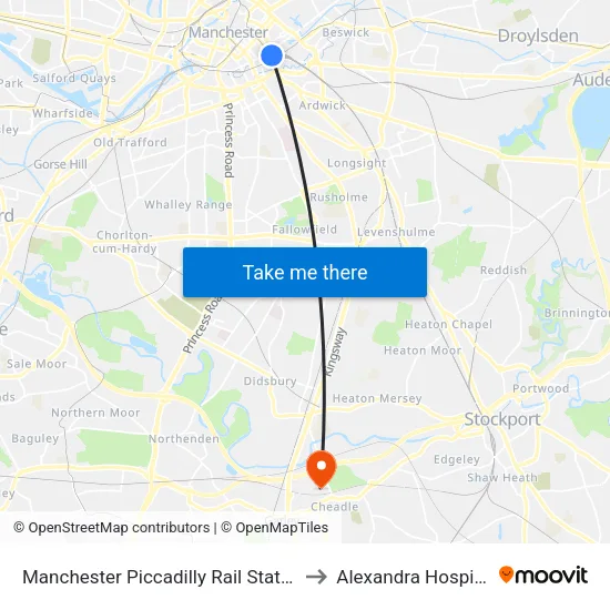 Manchester Piccadilly Rail Station to Alexandra Hospital map