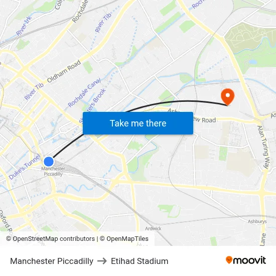 Manchester Piccadilly to Etihad Stadium map