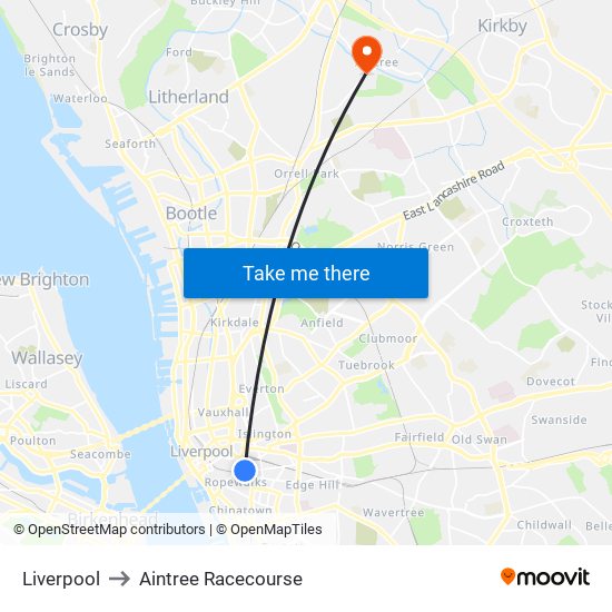 Liverpool to Aintree Racecourse map