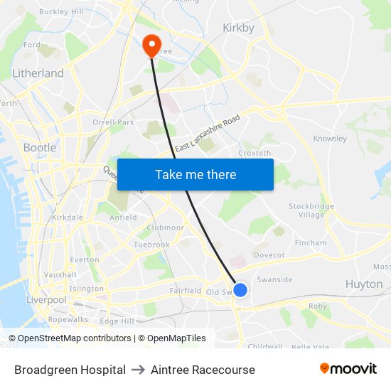 Broadgreen Hospital to Aintree Racecourse map
