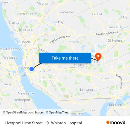 Liverpool Lime Street to Whiston Hospital map