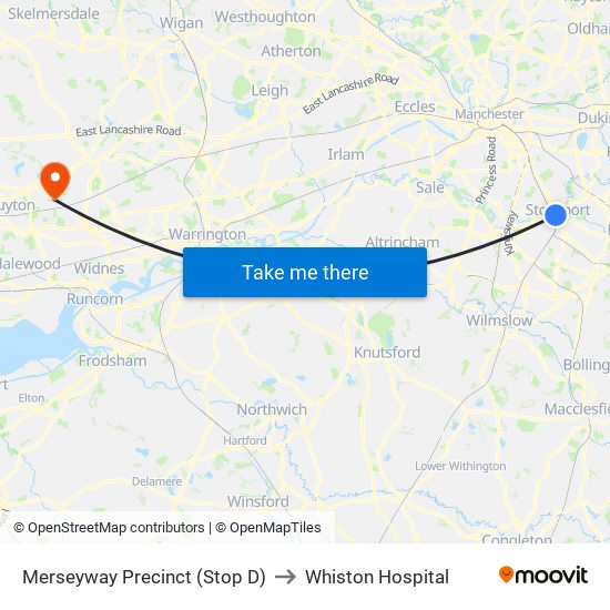 Merseyway Precinct (Stop D) to Whiston Hospital map