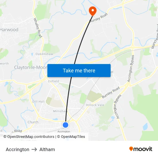 Accrington to Altham map