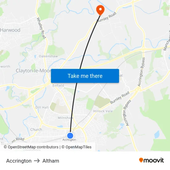 Accrington to Altham map