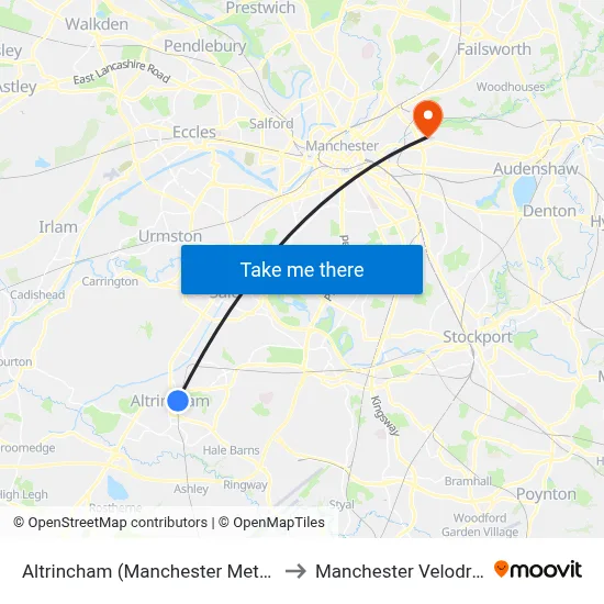 Altrincham (Manchester Metrolink) to Manchester Velodrome map