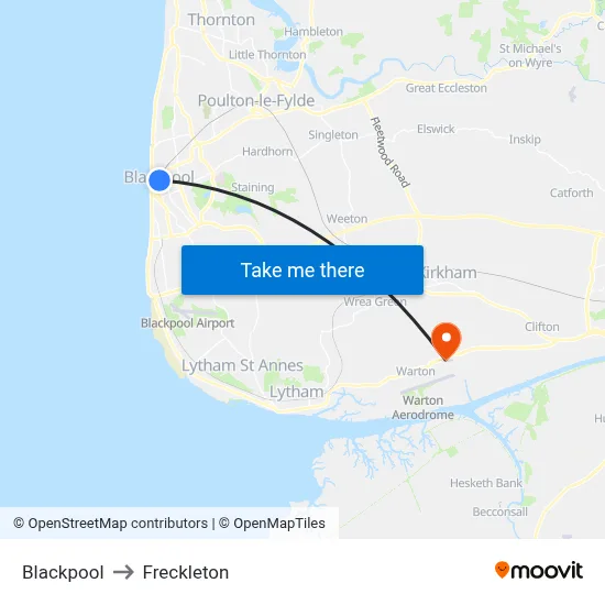 Blackpool to Freckleton map
