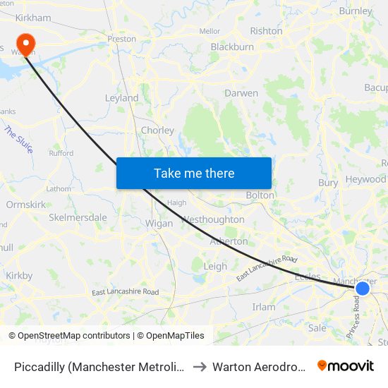Piccadilly (Manchester Metrolink) to Warton Aerodrome map