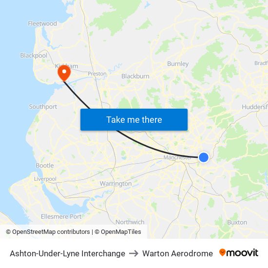 Ashton-Under-Lyne Interchange to Warton Aerodrome map