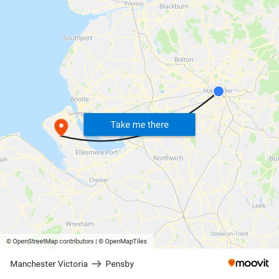 Manchester Victoria to Pensby map