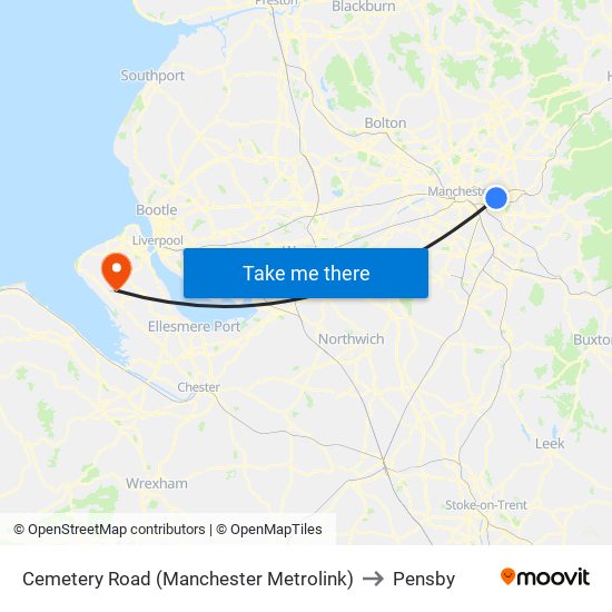 Cemetery Road (Manchester Metrolink) to Pensby map