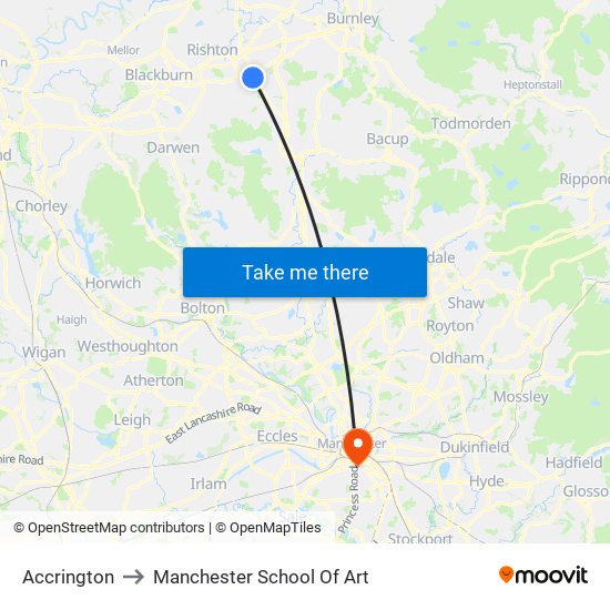 Accrington to Manchester School Of Art map