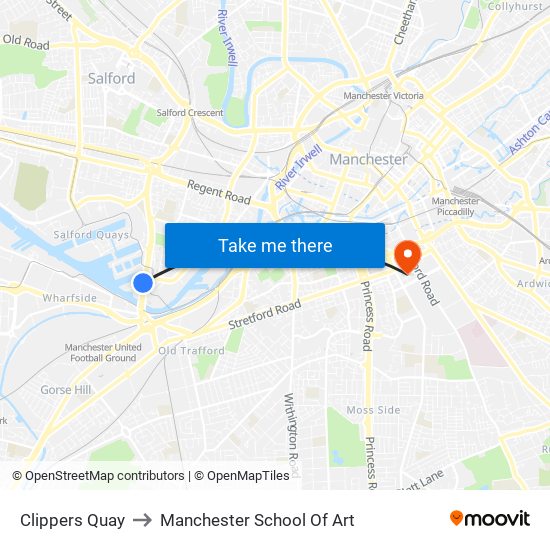 Clippers Quay to Manchester School Of Art map