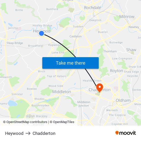 Heywood to Chadderton map