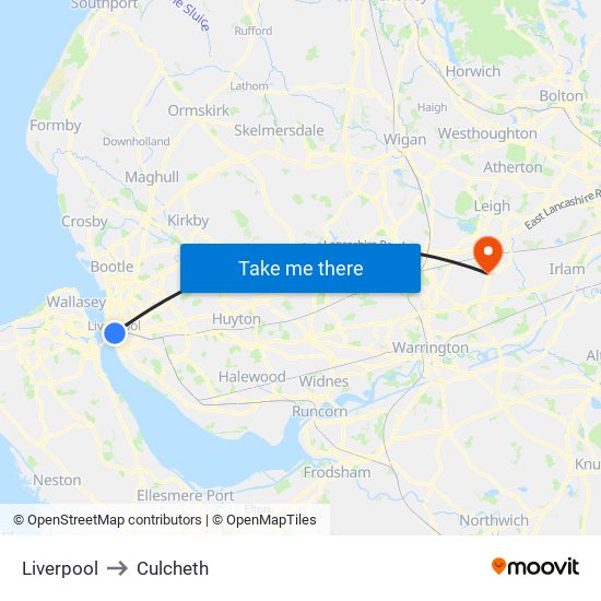 Liverpool to Culcheth map